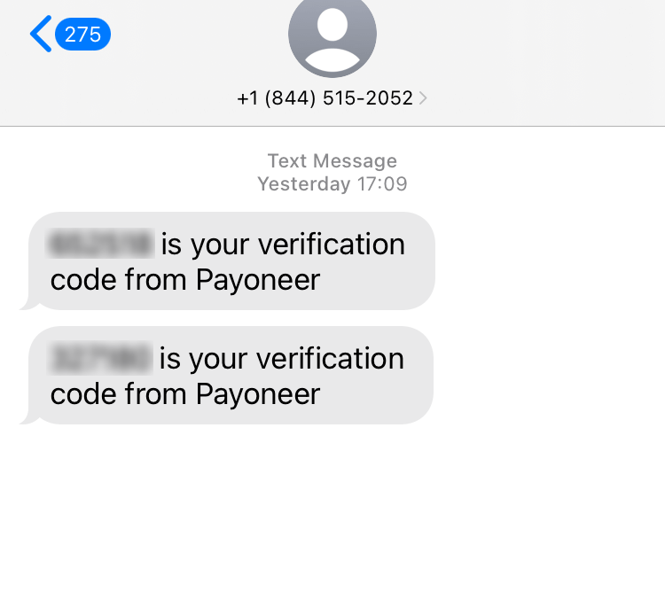 Long Code Payoneer text messaging