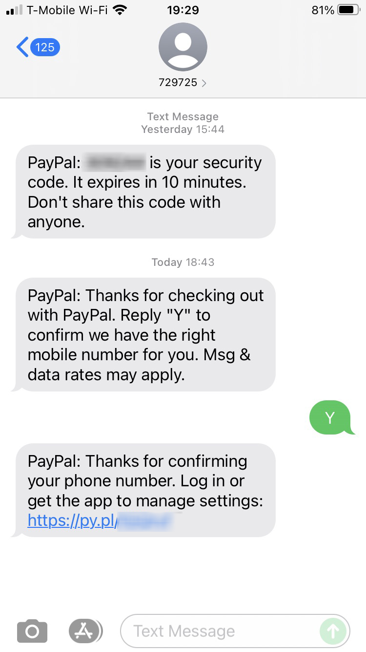 Short Code PayPal text messaging