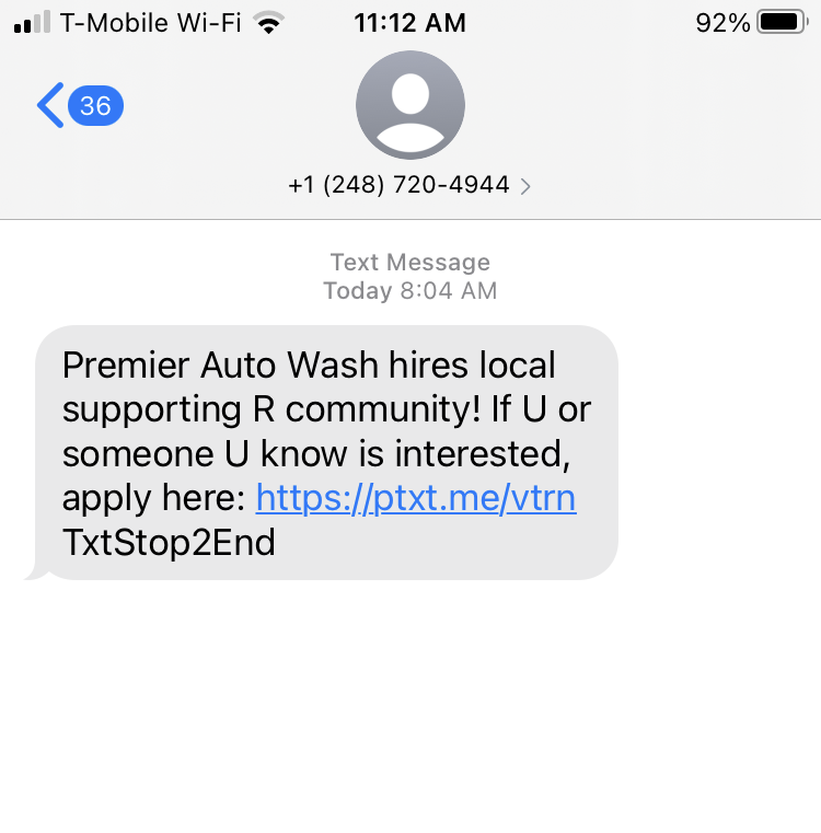 Long Code Premier Auto Wash text messaging