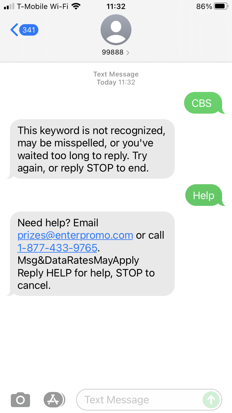 Short Code CBS Broadcasting Inc text messaging