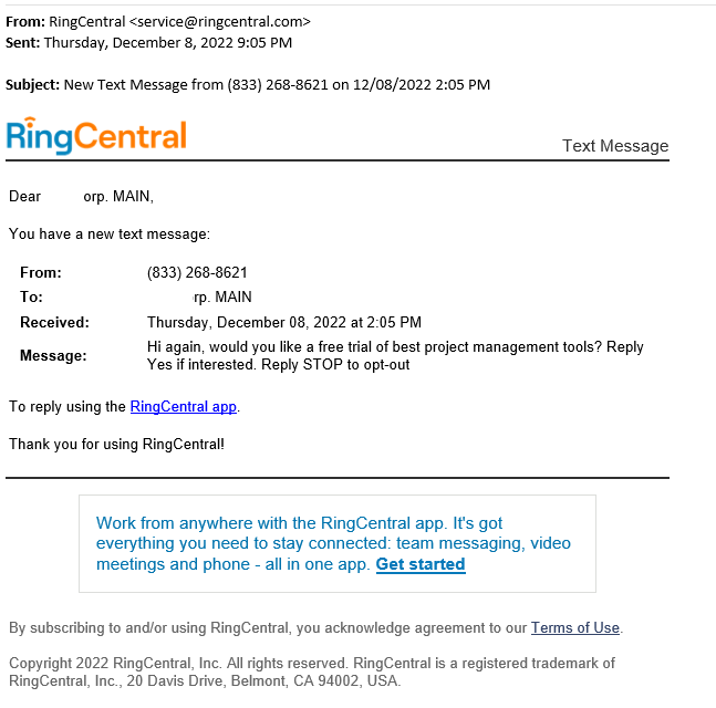 Long Code Claiming it is RingCentral text messaging