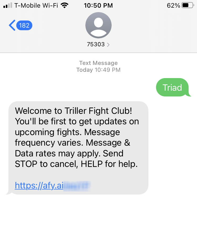 Short Code Triller Fight Club text messaging