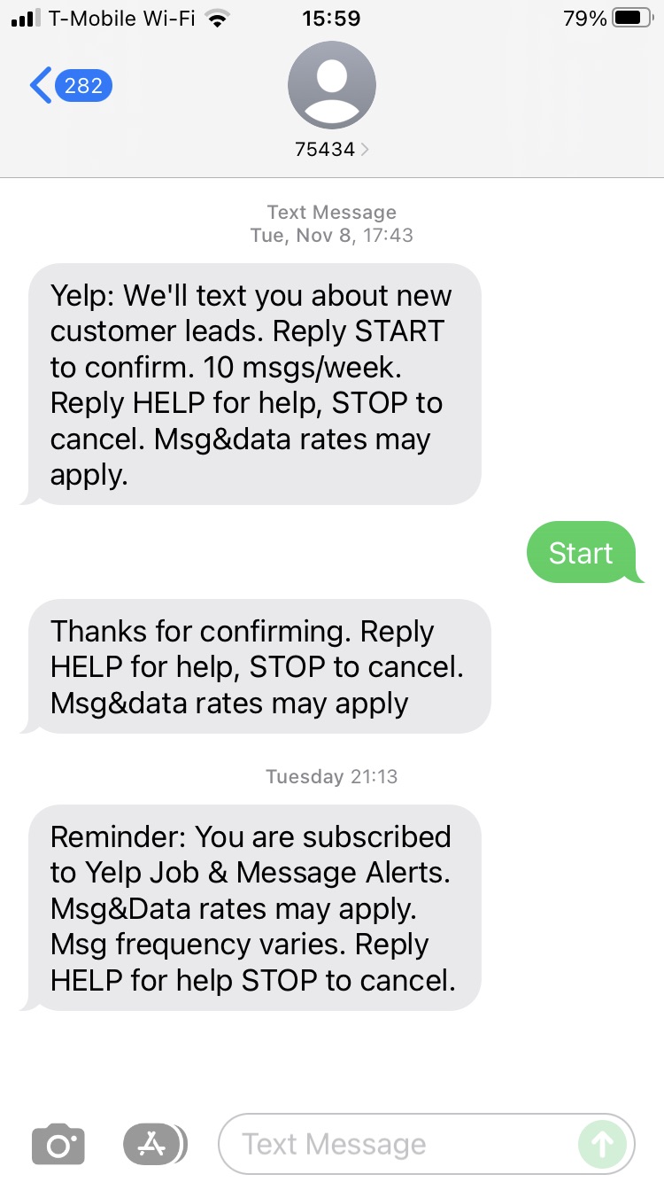 Short Code Yelp text messaging