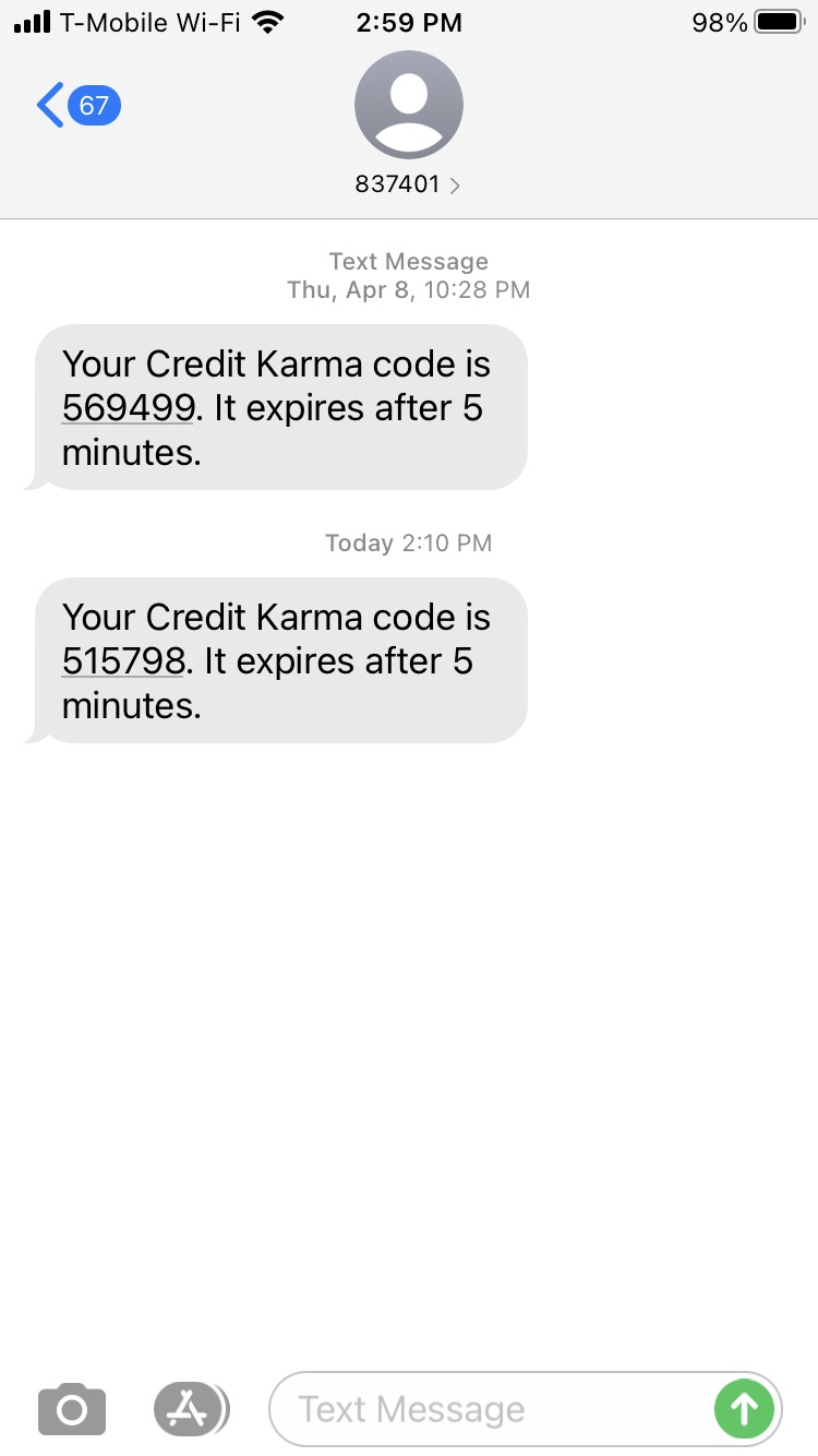 Short Code Credit Karma text messaging