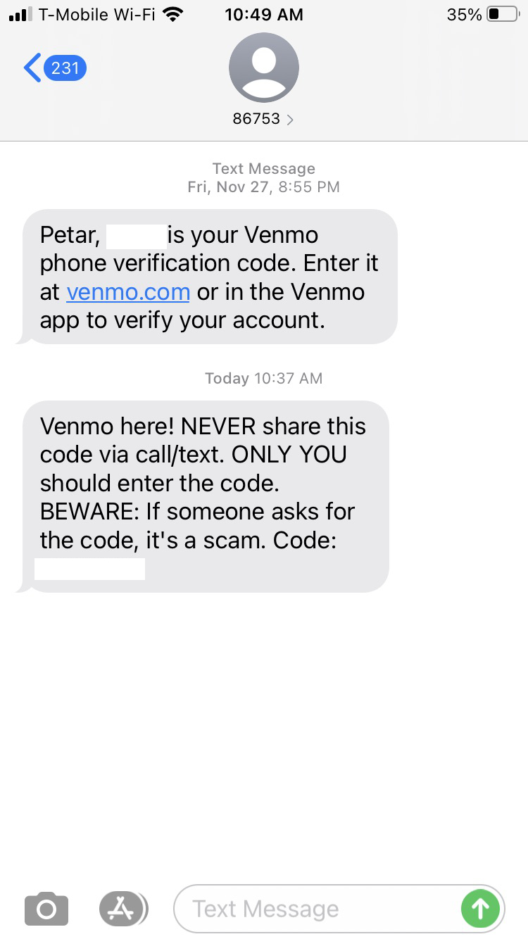 Short Code Venmo text messaging
