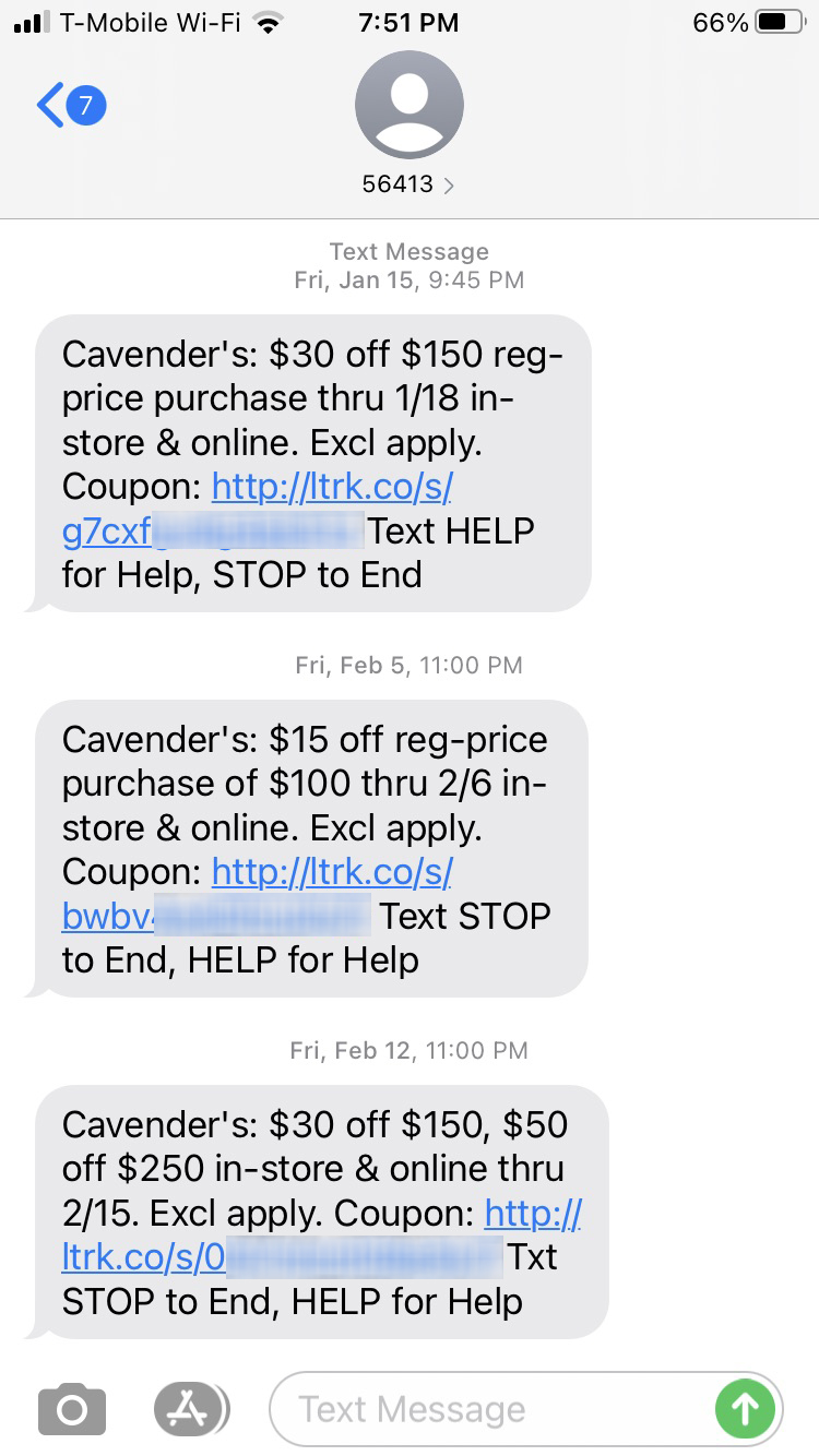 Short Code Cavender Investment Properties, Ltd text messaging