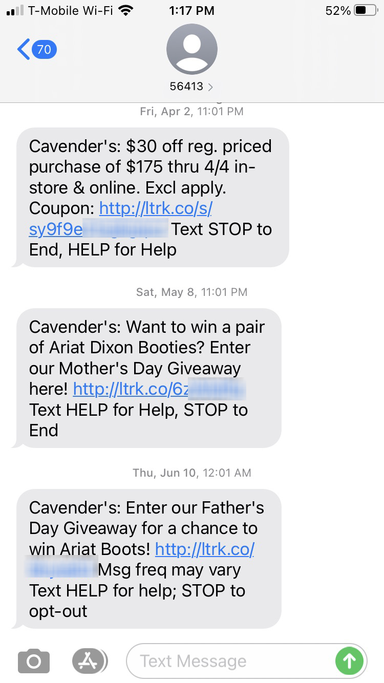 Short Code Cavender Investment Properties, Ltd text messaging