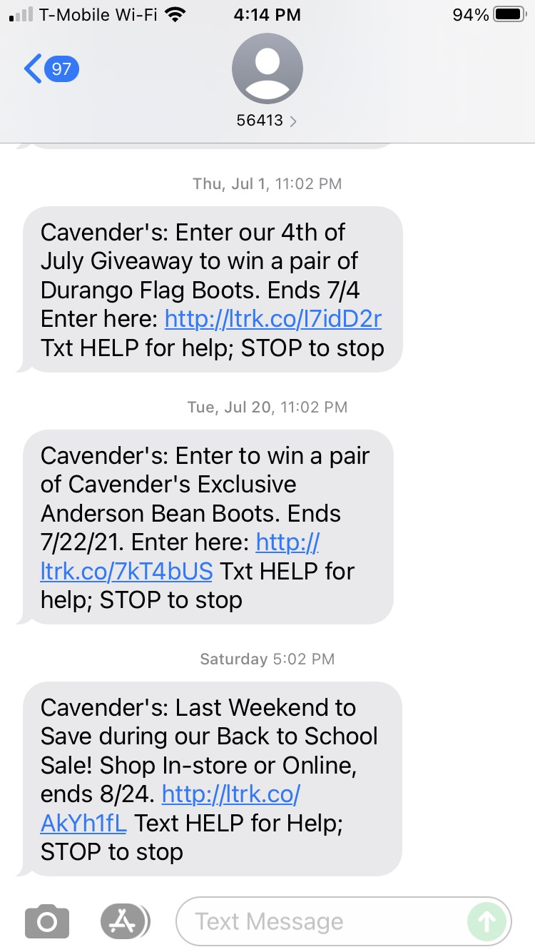 Short Code Cavender Investment Properties, Ltd text messaging