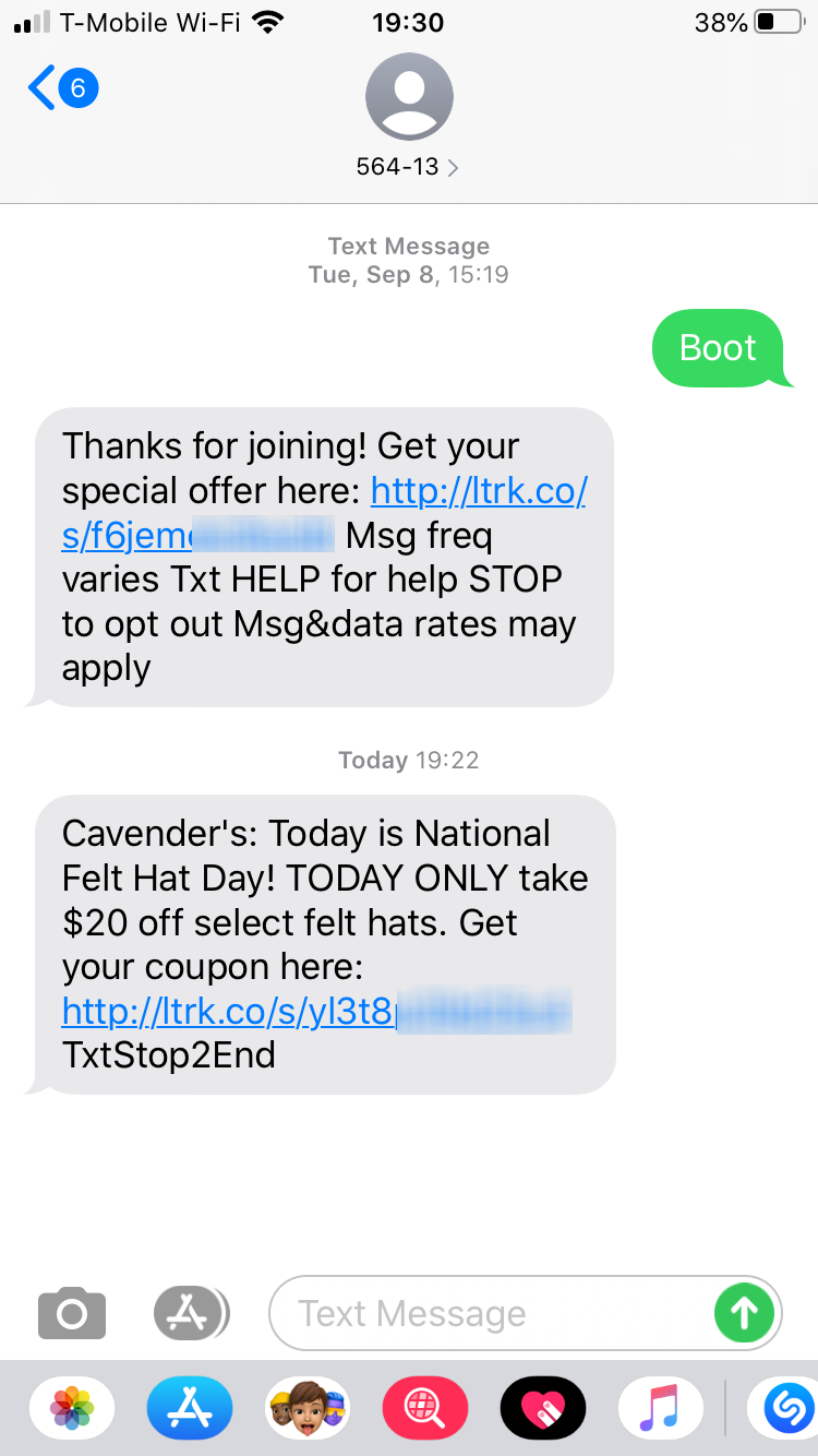 Short Code Cavender Investment Properties, Ltd text messaging