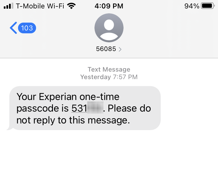 Short Code Experian text messaging